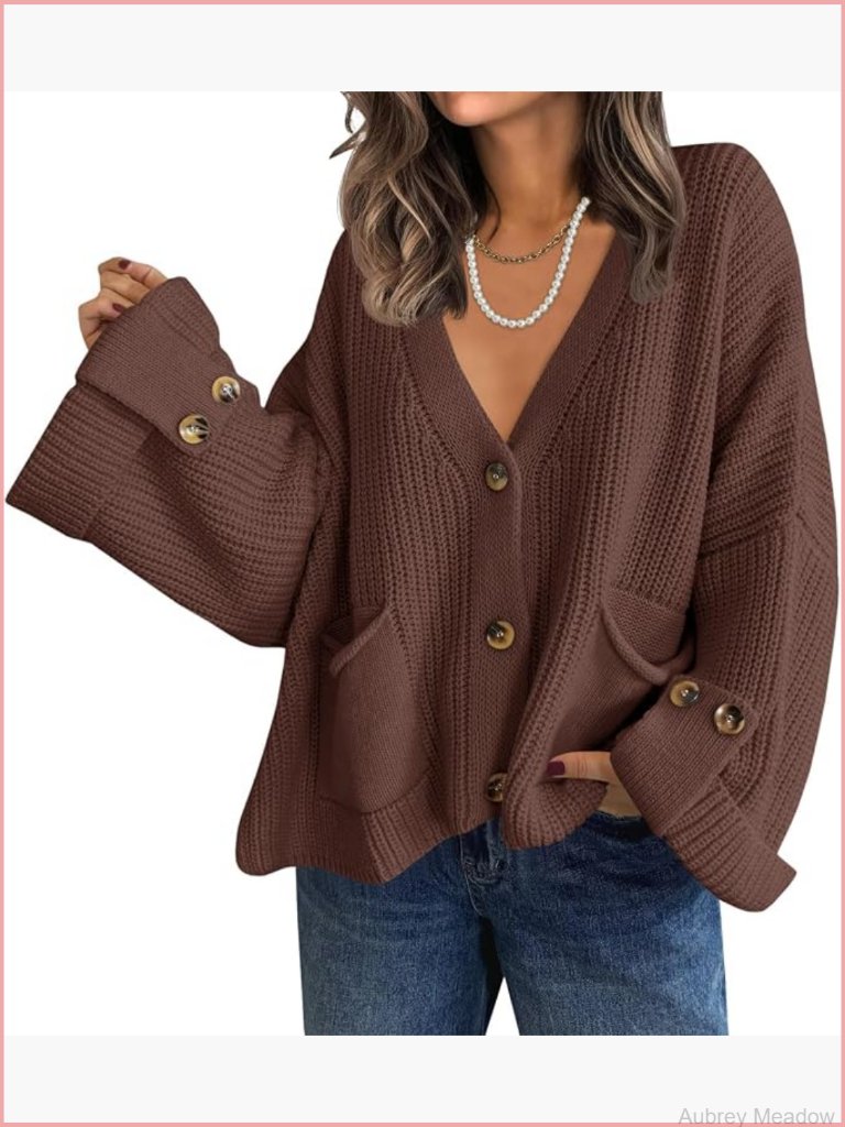 Oversized V-Neck Button Up Chunky Knit Cardigan Coat Open Front Long Sleeve